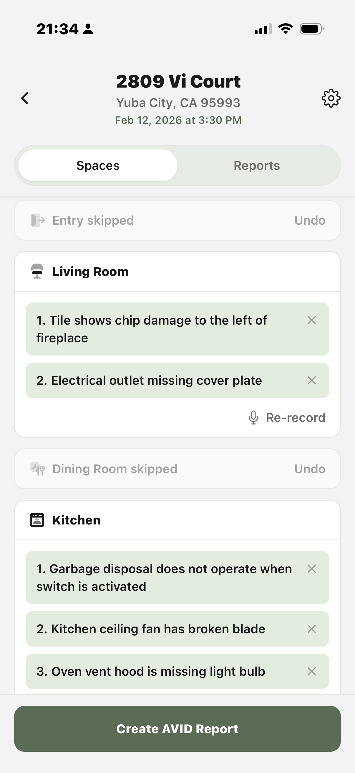AvidGenie spaces view with rooms and line items